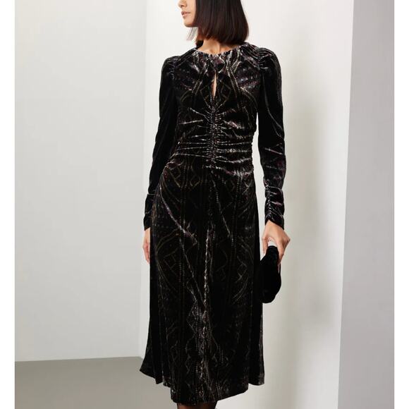 Sea New York Black Velvet Midi Dress SMALL Cocktail Party Ruched Designer $445 - Picture 1 of 9